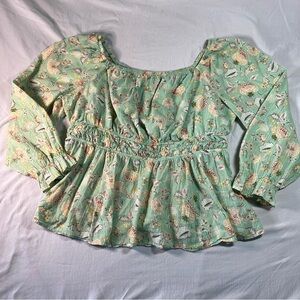Torrid Top Womens Sz 1X, Green Floral Babydoll Balloon Sleeve Boho Peasant